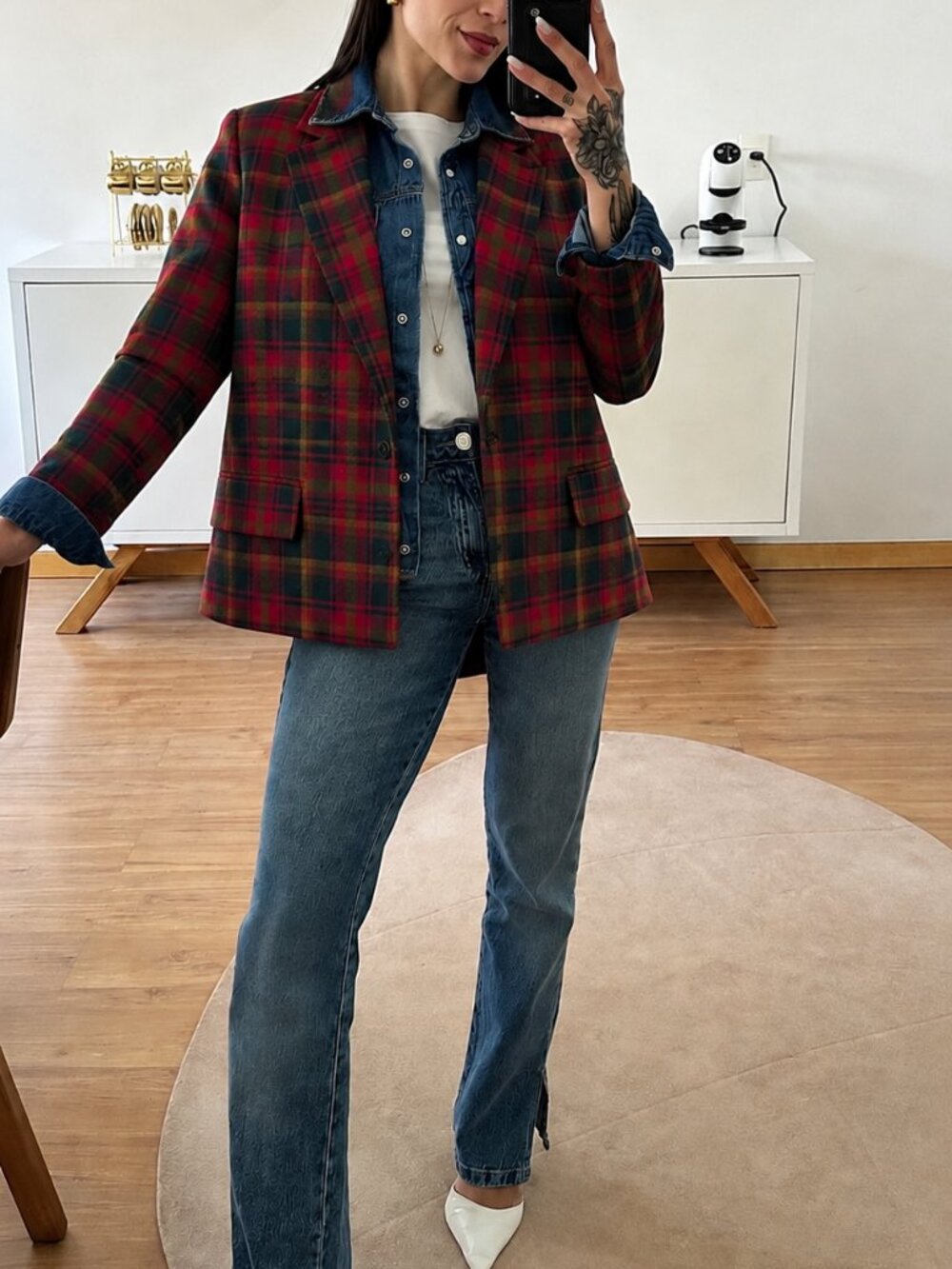 Highland Queen Wool Tartan Blazer Size XL Oversized Boxy Plaid Red